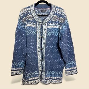 Vintage 1990s 90s 2000s Wool Blue Nordic Cardigan Sweater Dale of Norway Style